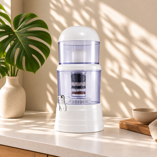 The Flow 14 14L benchtop gravity water filtration system – side view