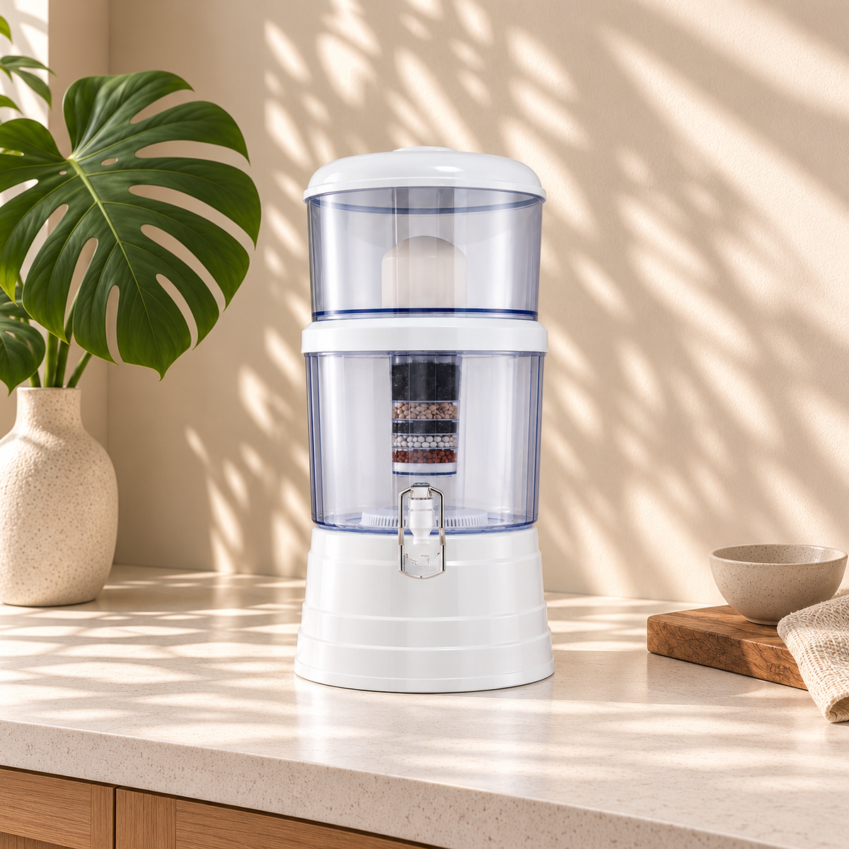 The Flow 16 16L gravity-powered water filtration system with dispensing tap – front view