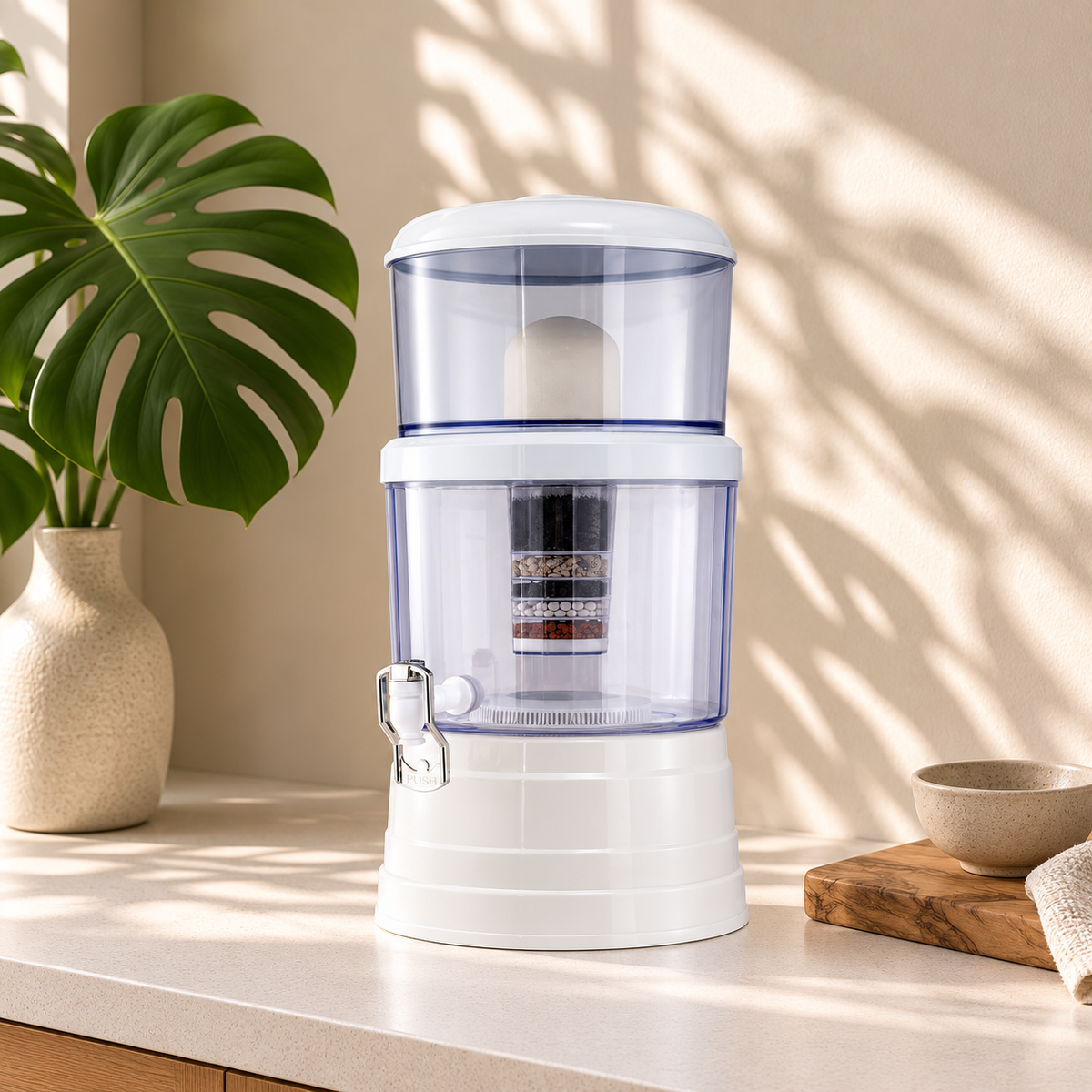 The Flow 16 16L benchtop gravity water filtration system – side view