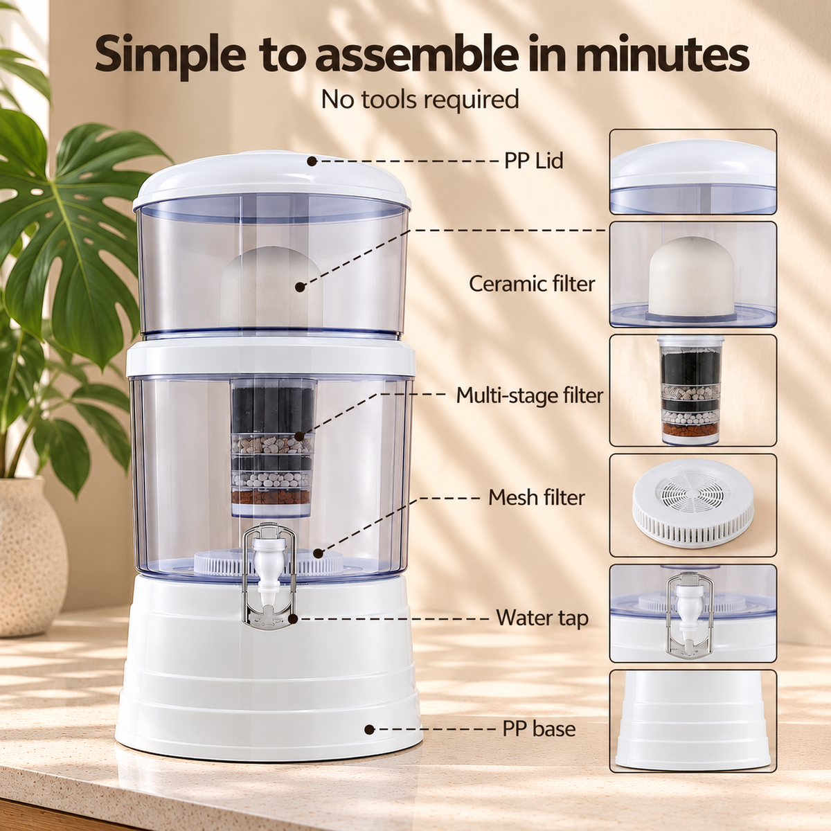 Diagram of The Flow 16 gravity water filtration system showing its individual components
